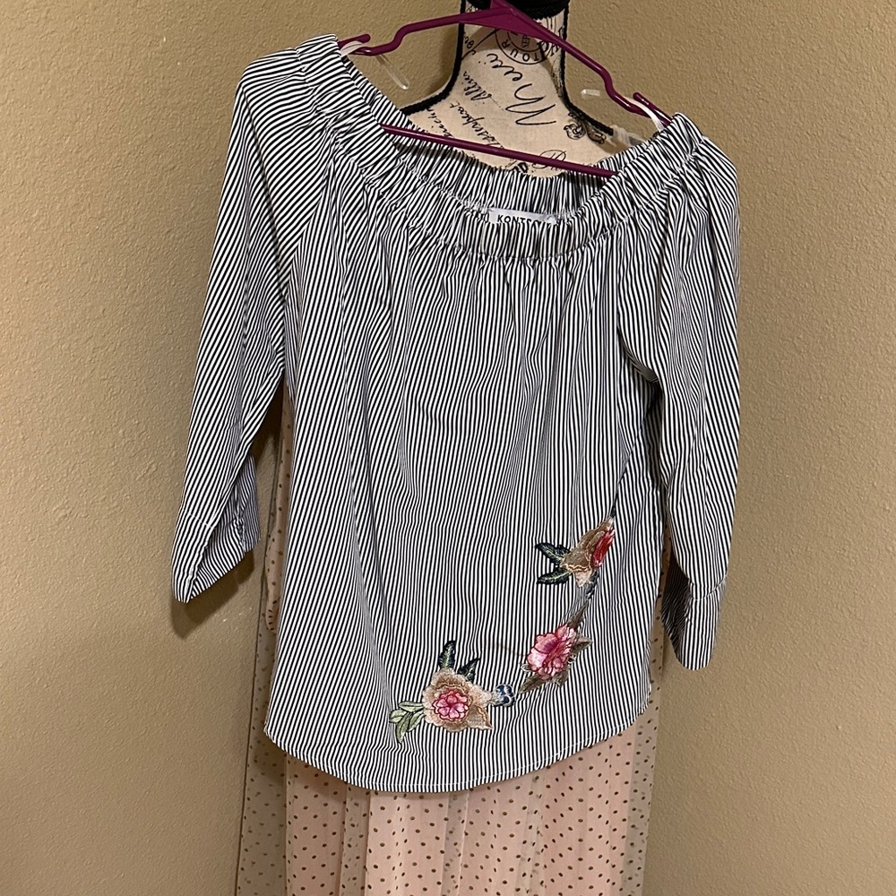 Striped Off-Shoulder Top with Floral Embroidery